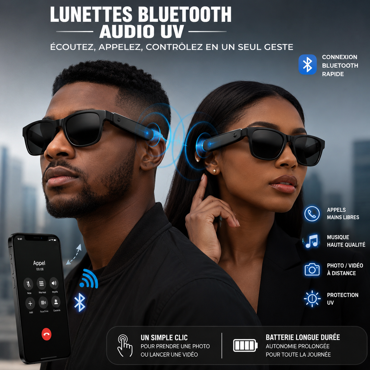 Lunettes Intelligentes Bluetooth Audio UV